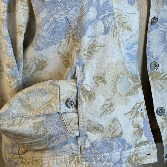 Bill Blass 1X Floral Linen Jacket Women Beige‎ Blue Button Down Y2K Boho - Picture 12 of 14